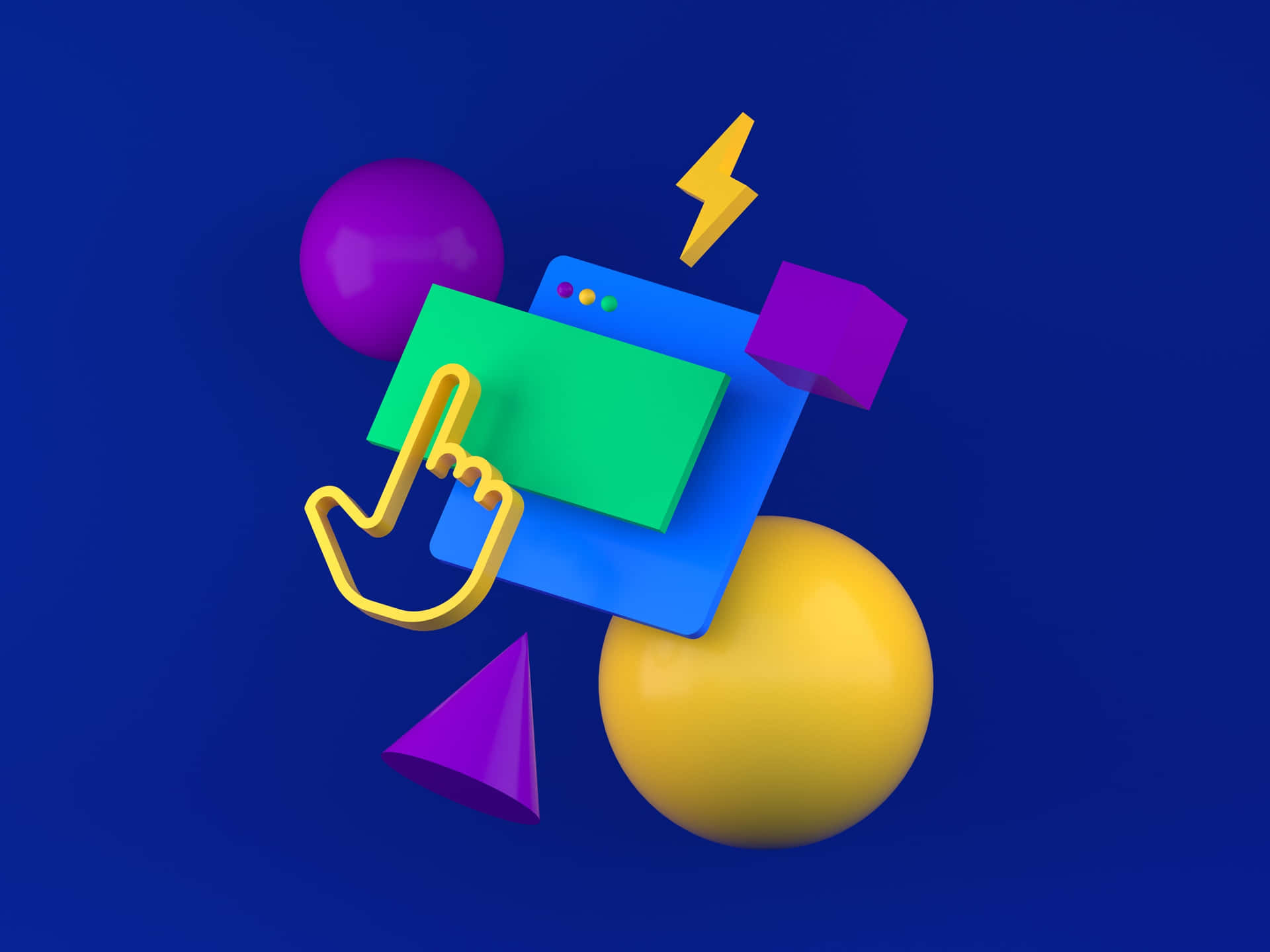 Illustration 桌布 壁紙 — 鮮豔的3D渲染數位介面元素在深藍色背景上動態漂浮。