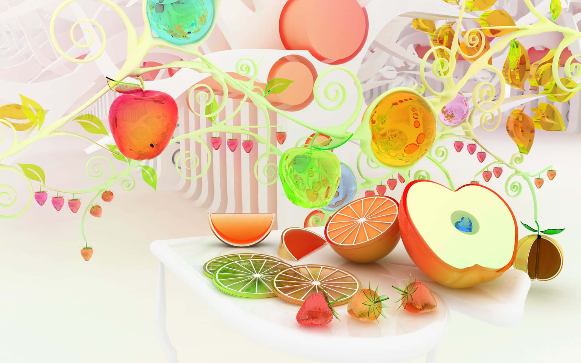 Food Table 桌布 壁紙 — 鮮豔的3D渲染水果在奇特的藤蔓上漂浮生長，下方是一盤切片柑橘和草莓。