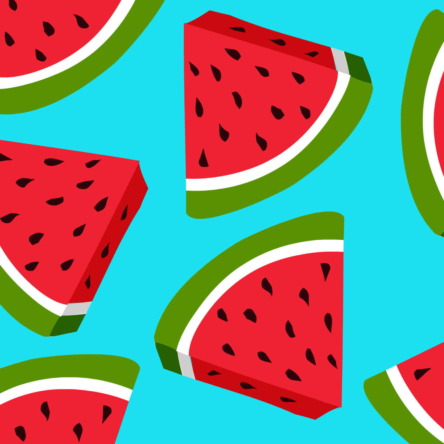 Fruit 桌布 壁紙 — 鮮豔的3D渲染西瓜片，帶有黑色種子，漂浮在明亮的青色背景上。