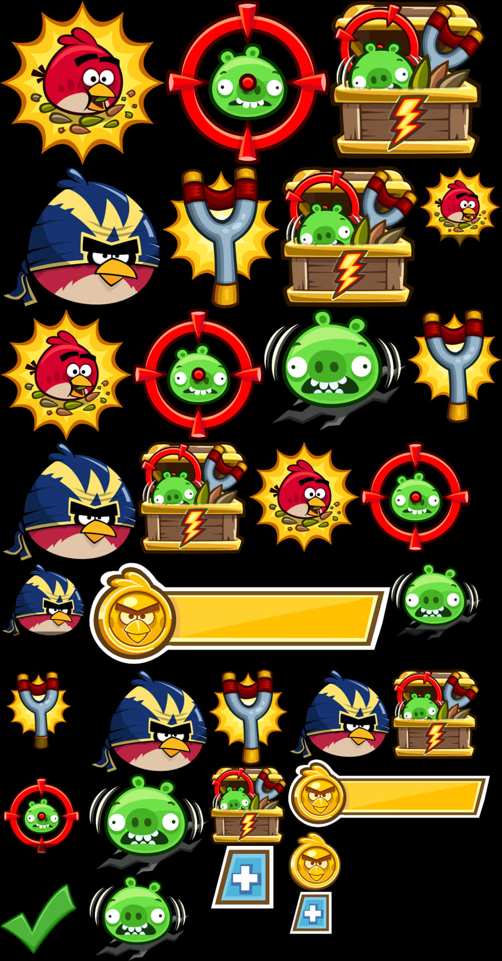 Angry Birds 桌布 壁紙 — 鮮豔的Angry Birds遊戲精靈，包括紅鳥、藍鳥、綠豬和彈弓，背景為黑色。