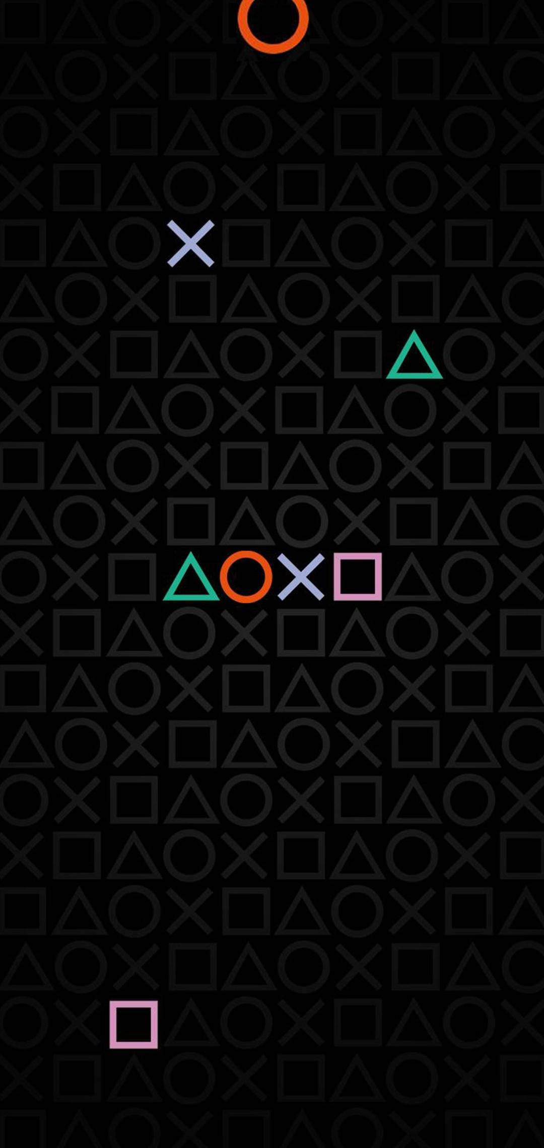 PlayStation 桌布 壁紙 — 鮮豔的PlayStation控制器符號漂浮在帶有微弱幾何圖案的深色背景上。