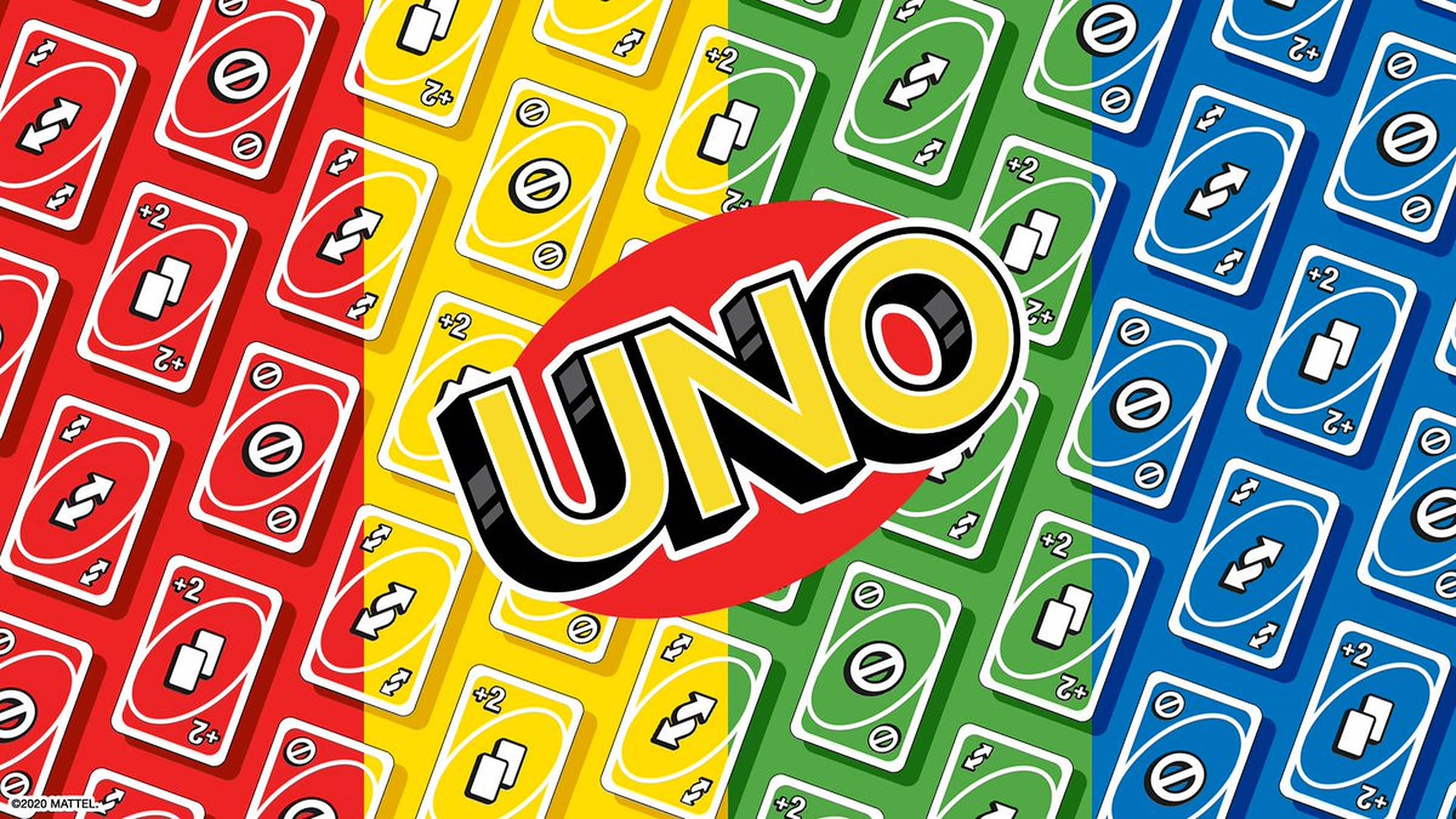 Uno 桌布 壁紙 — 鮮豔的UNO卡牌以紅、黃、綠、藍色排列成彩色網格，中央是標誌性的UNO標誌。