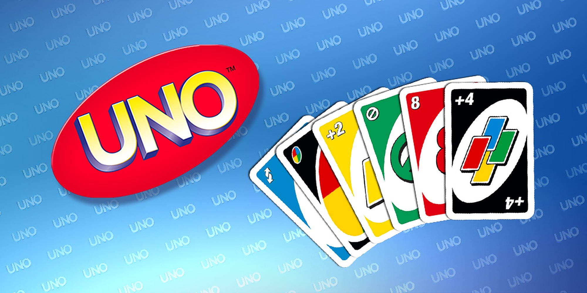 Uno 桌布 壁紙 — 鮮豔的UNO標誌和色彩繽紛的撲克牌在帶有重複UNO水印的藍色背景上展開。