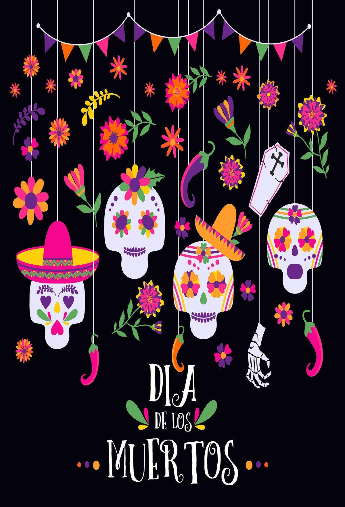 Dia De Los Muertos 桌布 壁紙 — 鮮豔的亡靈節頭骨和花朵掛在色彩繽紛的橫幅上，背景為深色。