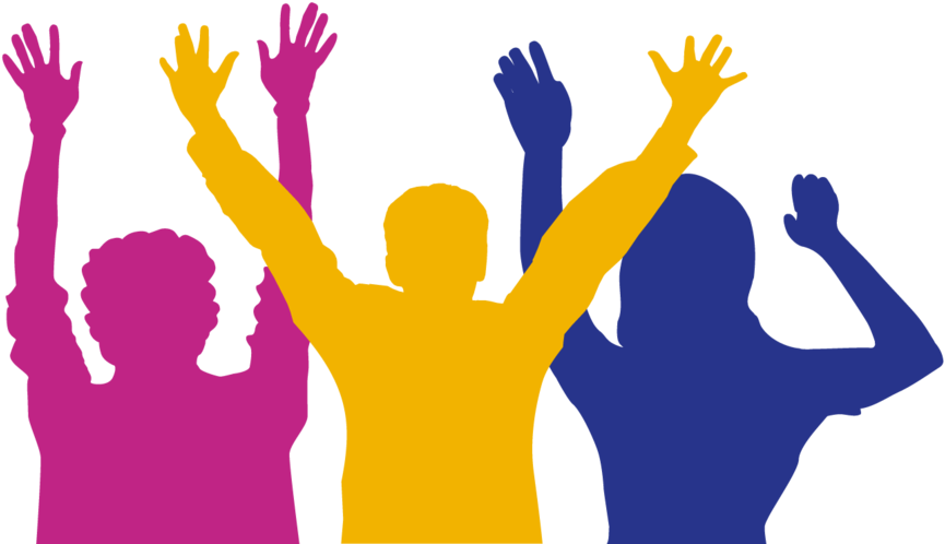 Cheering 桌布 壁紙 — 鮮豔的人物剪影高舉雙手，在純黑背景前歡樂慶祝。