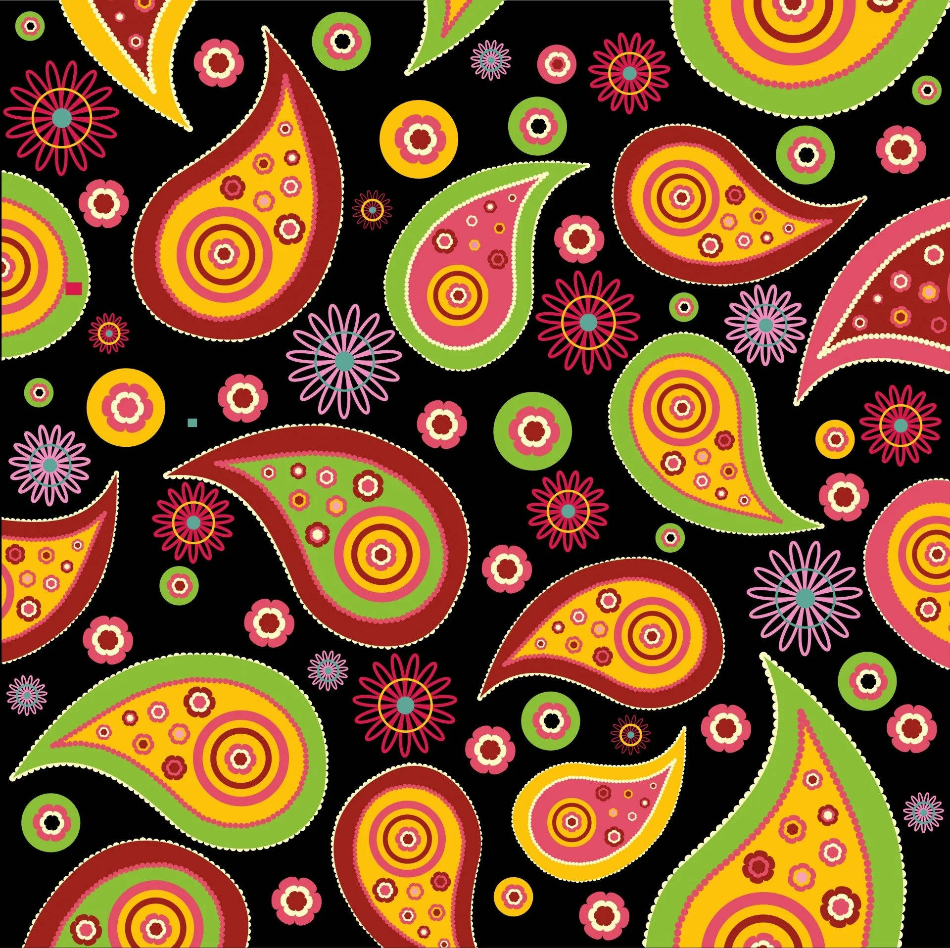 Paisley 桌布 壁紙 — 鮮豔的佩斯利和花卉圖案以大膽的顏色在黑色背景上重複，形成一個生動的圖案。