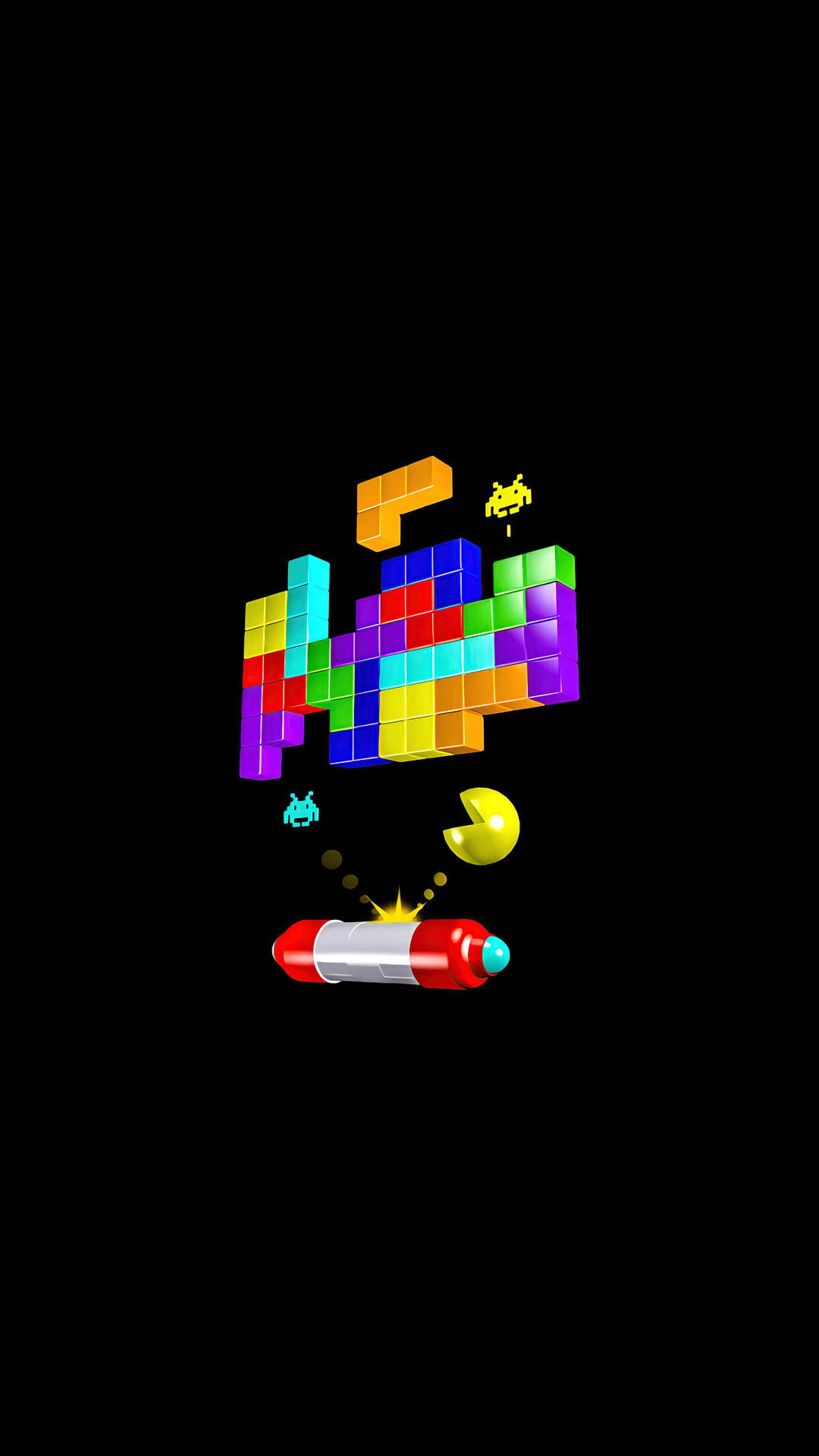 minimal dark iPhone 桌布 壁紙 — 鮮豔的像素化俄羅斯方塊和 Pacman 角色在純黑背景上漂浮，構成復古遊戲拼貼畫。