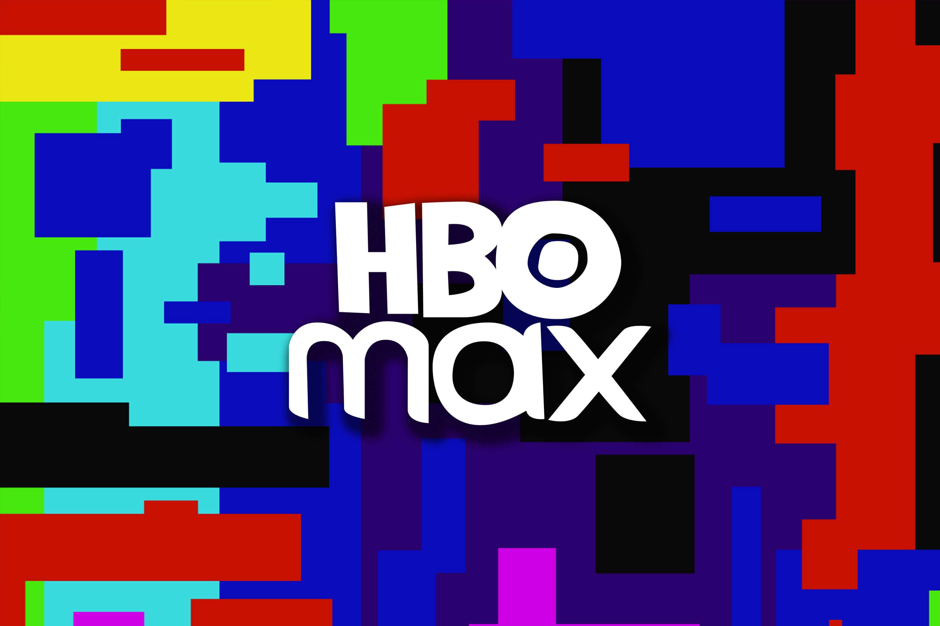 HBO 桌布 壁紙 — 鮮豔的像素方塊以大膽色彩框住白色HBO Max標誌，背景充滿動感數位風格。