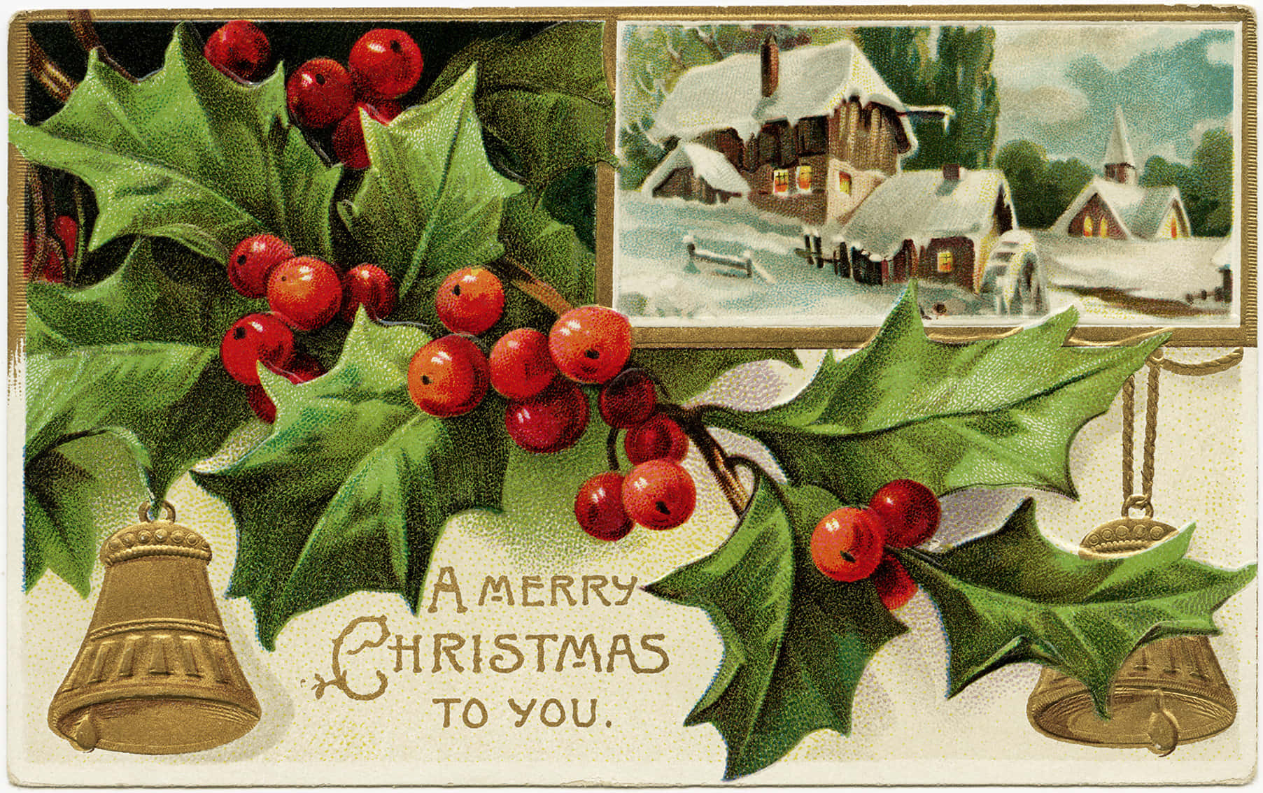 Vintage Christmas 桌布 壁紙 — 鮮豔的冬青漿果和葉子框住了一個雪景村莊場景，帶有發光的窗戶和懸掛的鈴鐺，在復古聖誕卡上。