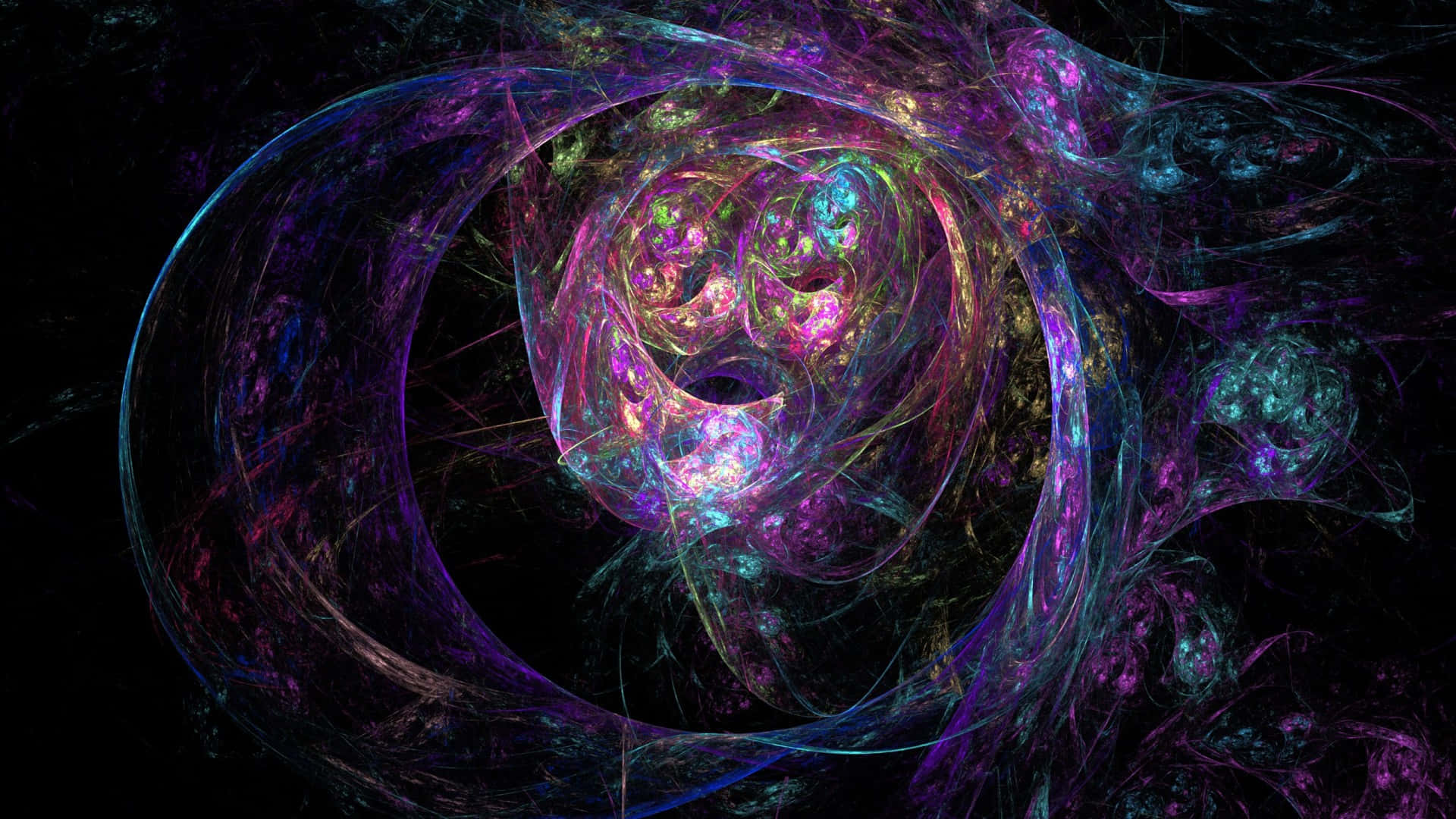 抽象 桌布 壁紙 — 鮮豔的分形卷鬚在宇宙色調中旋轉，在虛空黑色背景上創造出迷人的數位漩渦。