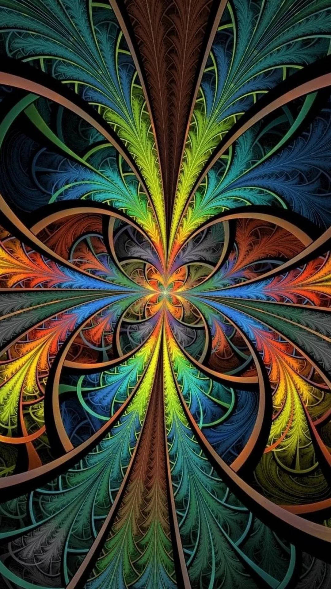 迷幻動圖 桌布 壁紙 — 鮮豔的分形圖案在深色背景上以彩虹色調的對稱爆炸向外輻射。