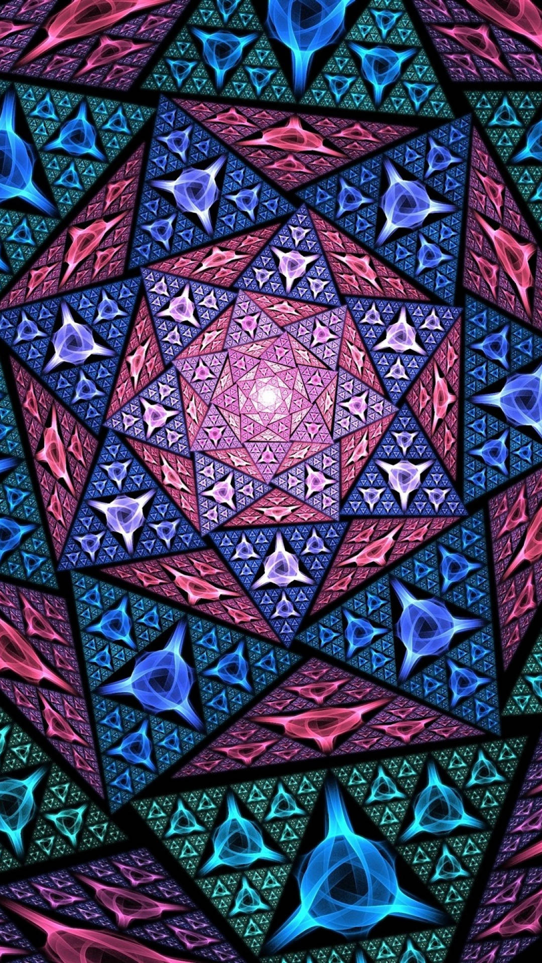 Geometric 桌布 壁紙 — 鮮豔的分形圖案從發光的中心散發出來，帶有藍色和粉紅色的幾何形狀，背景為深色。