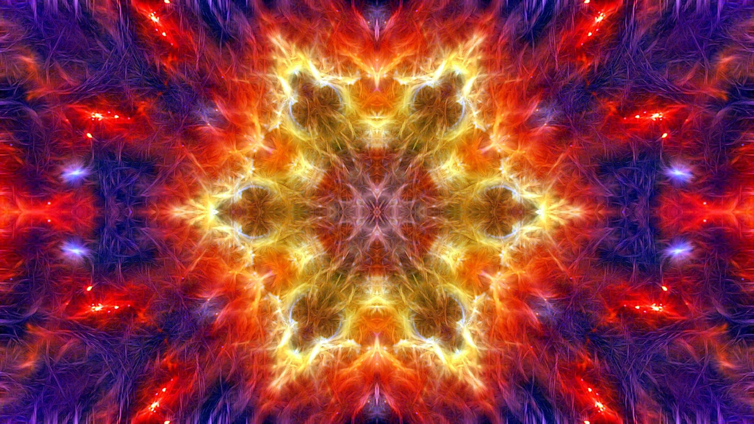 圖案 桌布 壁紙 — 鮮豔的分形爆炸從中央星爆發出熾熱的橙色和黃色，映襯著深紫色的宇宙觸手。