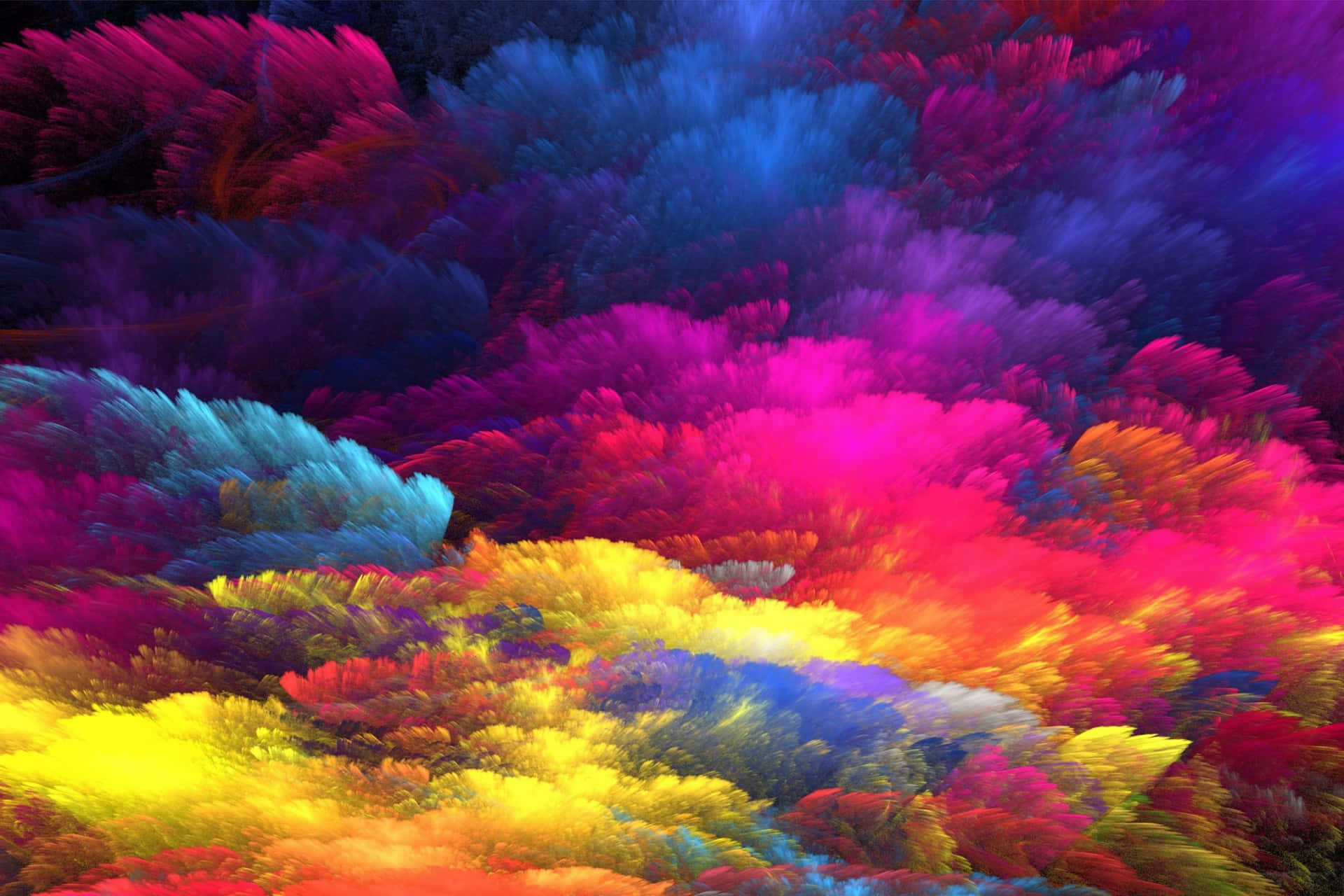Colourful 桌布 壁紙 — 鮮豔的分形雲在深色宇宙背景下以洋紅色、青色和金色的電光色調旋轉。