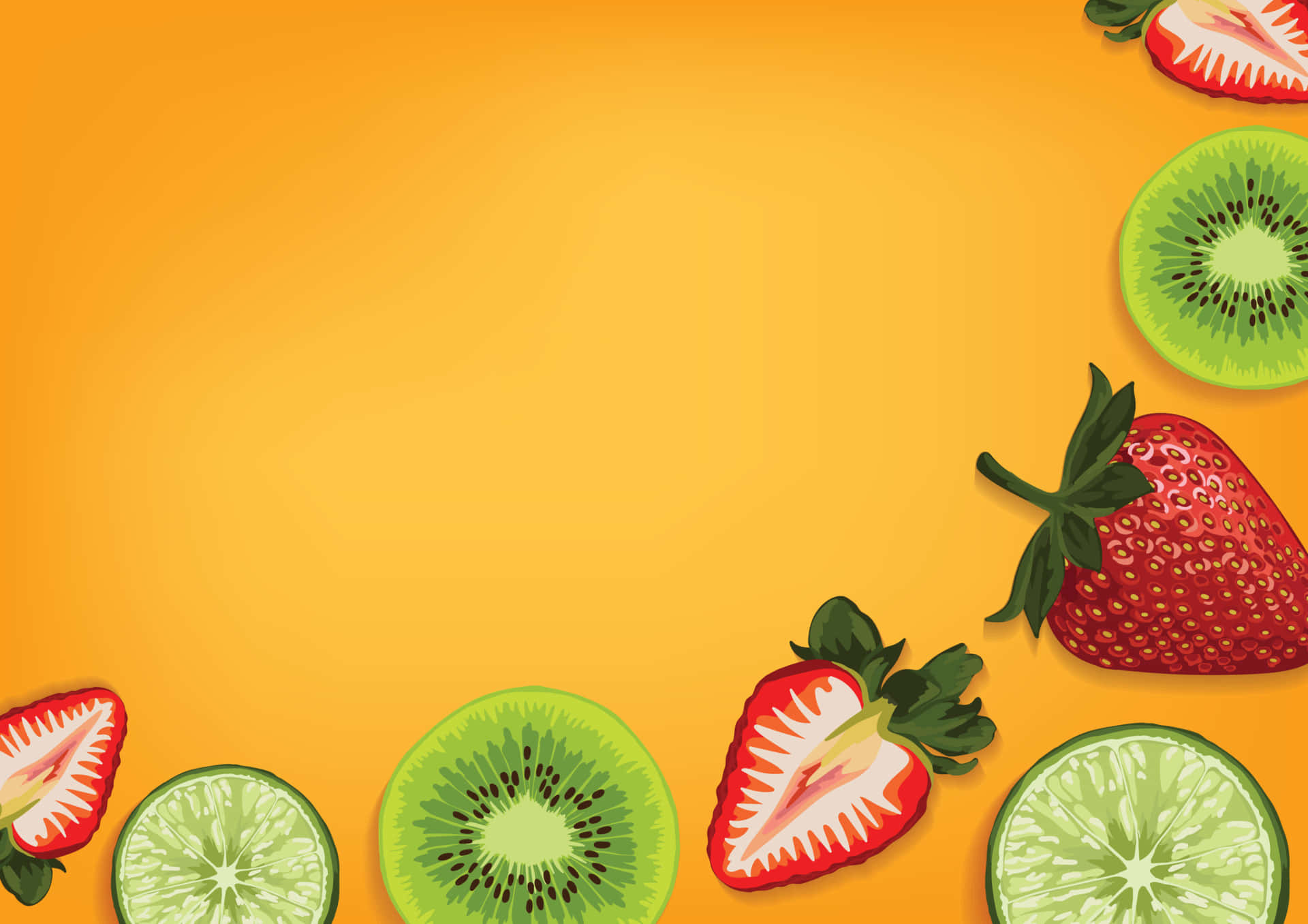 Fruit 桌布 壁紙 — 鮮豔的切片草莓、奇異果和萊姆在溫暖的橙色背景上排列成彩色邊框。
