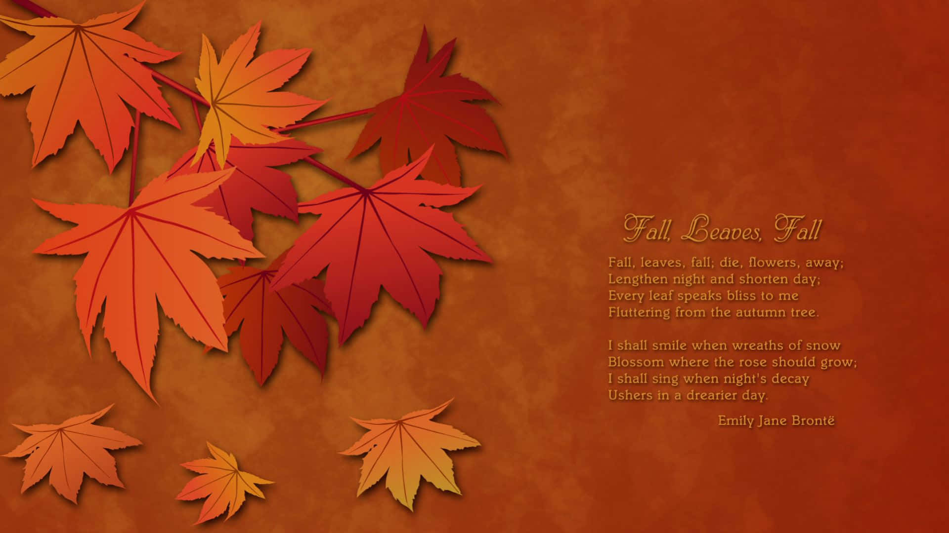Simple Autumn 桌布 壁紙 — 鮮豔的剪紙楓葉，以紅色、橙色和黃色，漂浮在帶有紋理的暖棕色背景上，並伴有秋季詩歌。