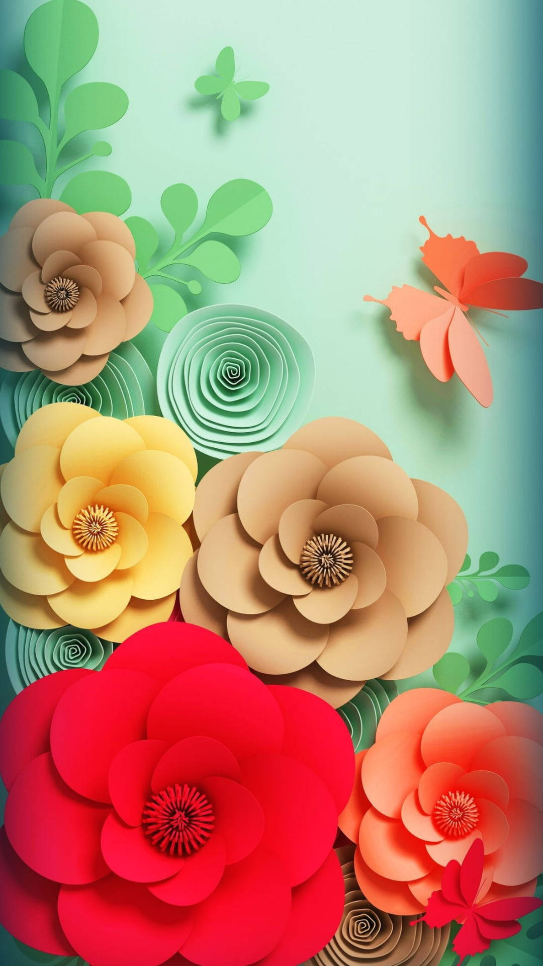 Paper Texture 桌布 壁紙 — 鮮豔的剪紙花朵和蝴蝶在柔和的青綠色背景上以分層3D風格漂浮。