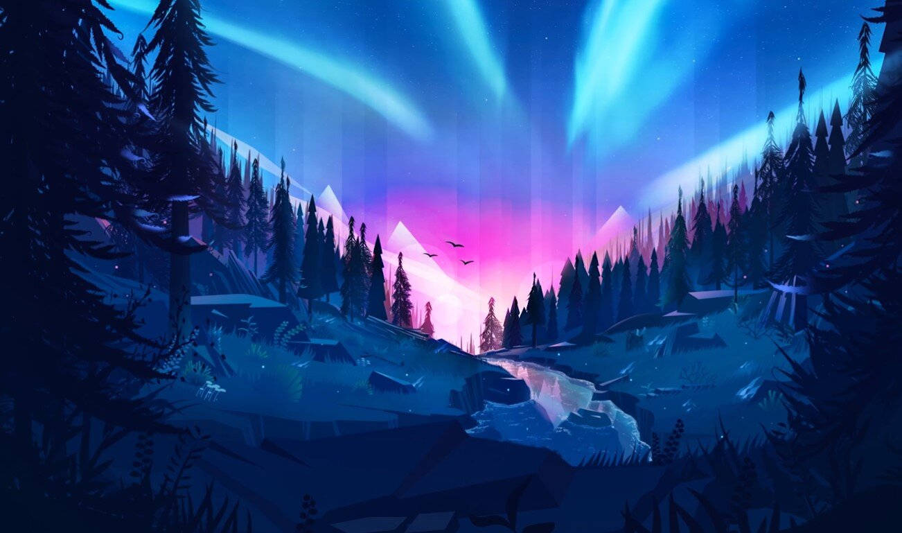 高清 桌布 壁紙 — 鮮豔的北極光在星空下，在松樹和遠山環繞的雪森林山谷中舞動。