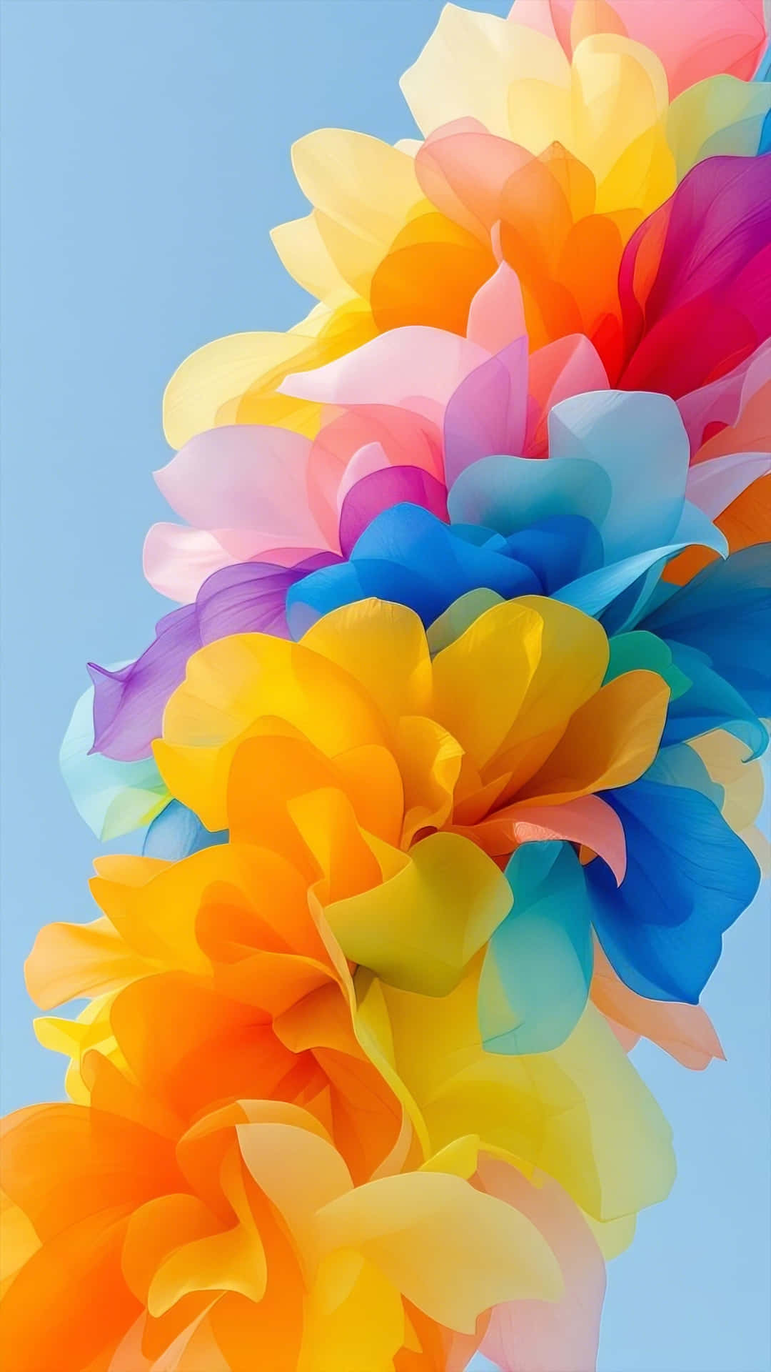 dynamic cascade of airy translucent color shapes 壁紙 — 鮮豔的半透明紙花以對角線方式層疊在柔和的藍天背景上。