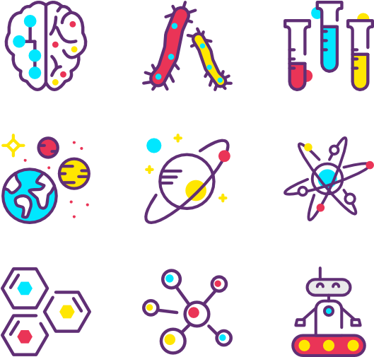 科學 桌布 壁紙 — 鮮豔的卡通圖標描繪科學主題，如大腦、細菌、試管、行星、原子和機器人，背景為黑色。