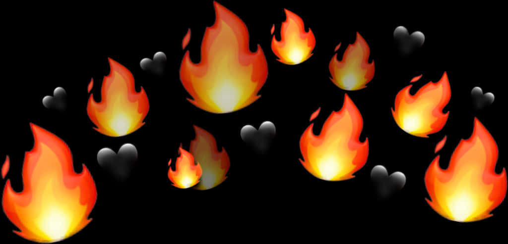 Fire Emoji 桌布 壁紙 — 鮮豔的卡通火焰在橙黃色光芒中散佈在黑色背景上，帶有灰色心形。