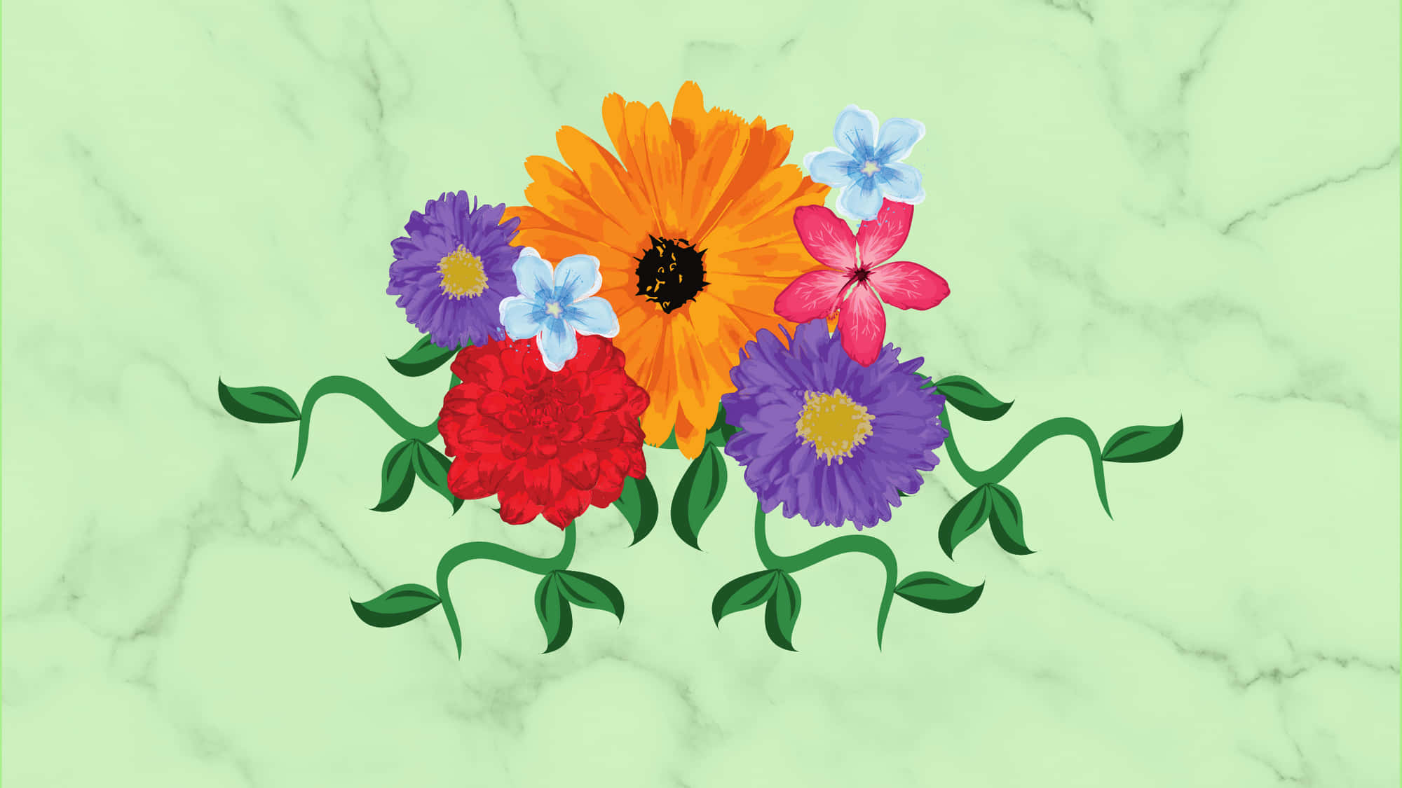 Watercolor Flowers 桌布 壁紙 — 鮮豔的卡通花朵，有紅色、橙色、紫色和粉紅色，在薄荷綠大理石背景上綻放。