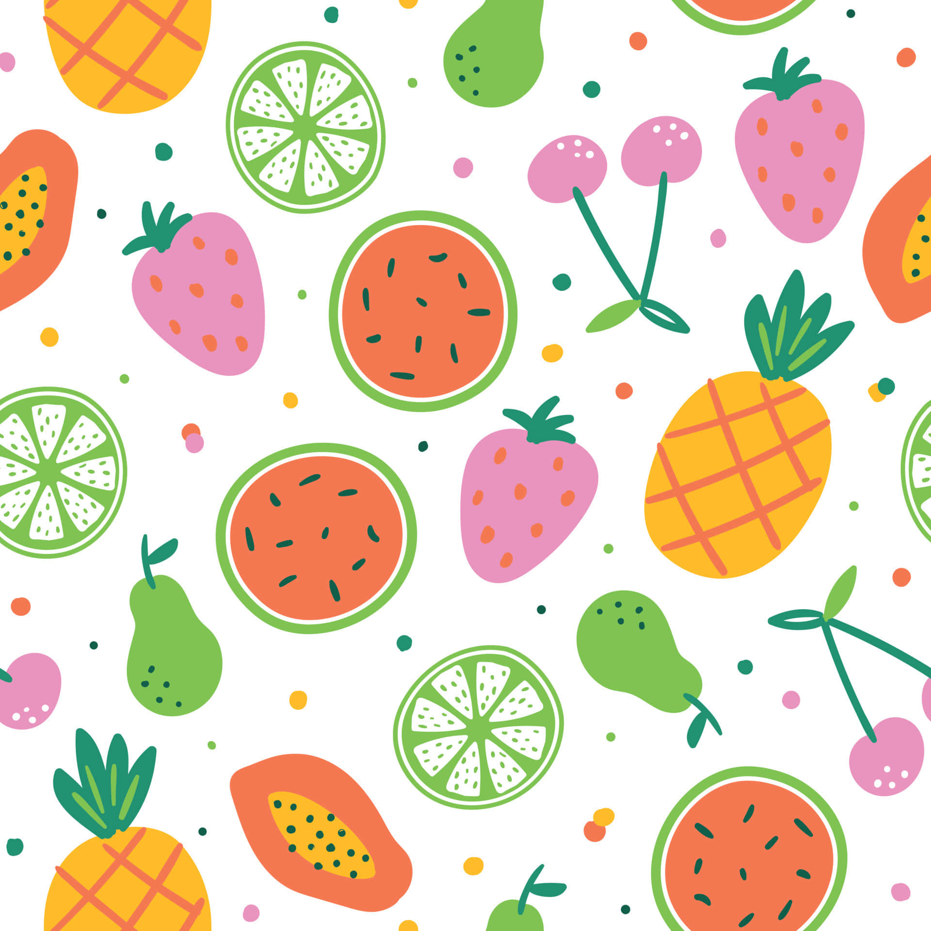 Fruit 桌布 壁紙 — 鮮豔的卡通風格水果，如鳳梨、草莓和西瓜，散落在白色背景上，帶有彩色圓點。