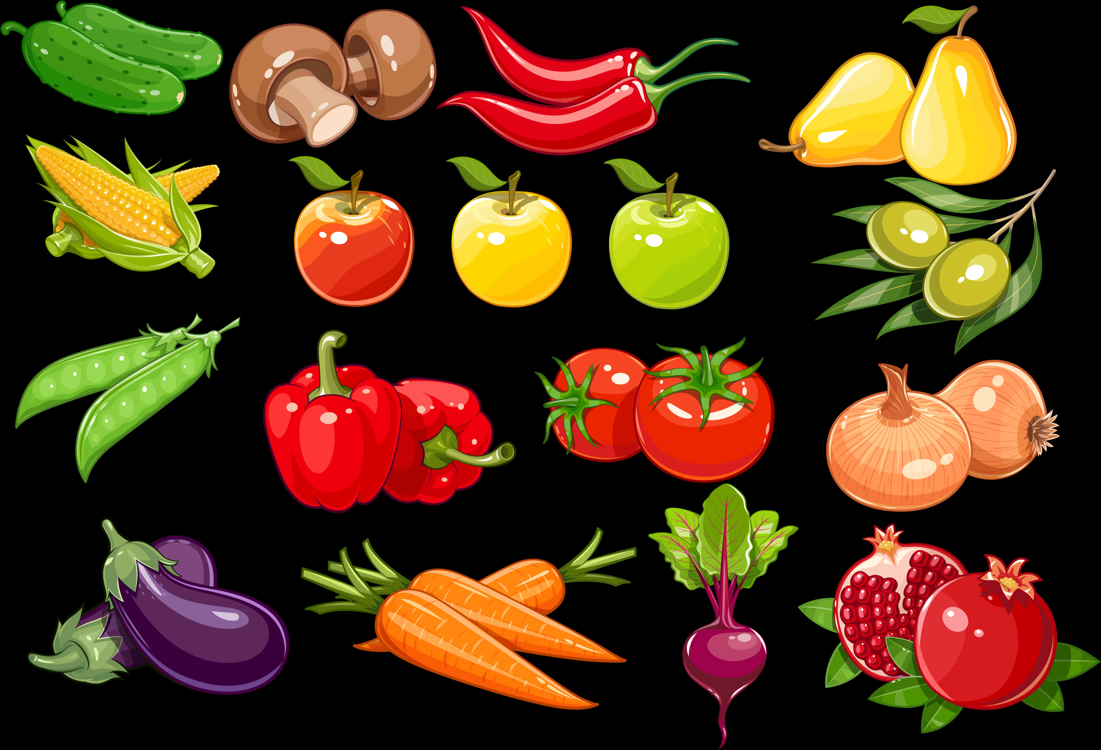 Fruits And Vegetables 桌布 壁紙 — 鮮豔的卡通風格水果和蔬菜整齊排列在黑色背景上。