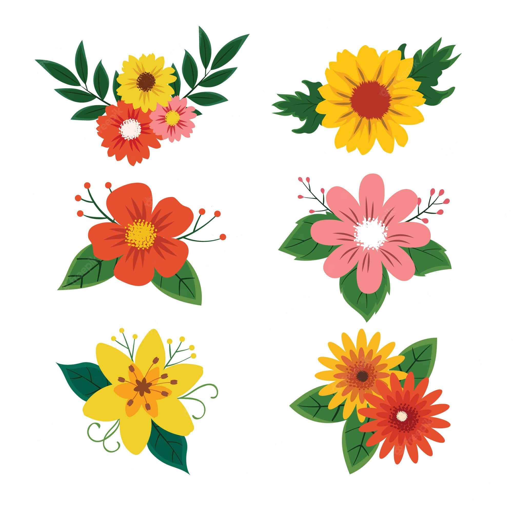 Pretty Flower 桌布 壁紙 — 鮮豔的卡通風格花朵，黃色、橙色、粉紅色和紅色，搭配綠色葉子，排列成六個裝飾性花簇。