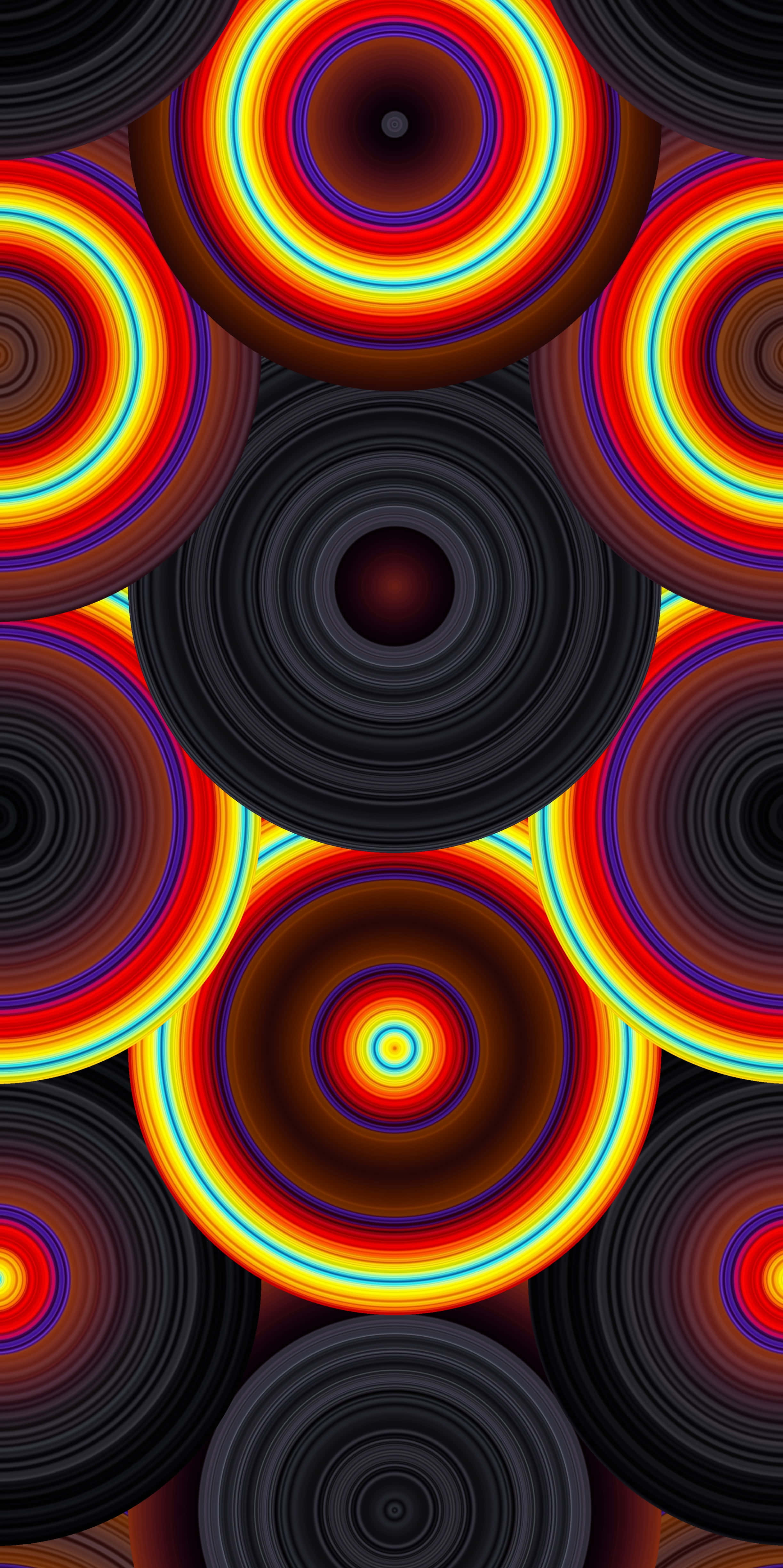 Trippy Neon Lights 桌布 壁紙 — 鮮豔的同心圓以火紅、黃和藍色在深黑色背景下放射，營造出催眠般的數位圖案。