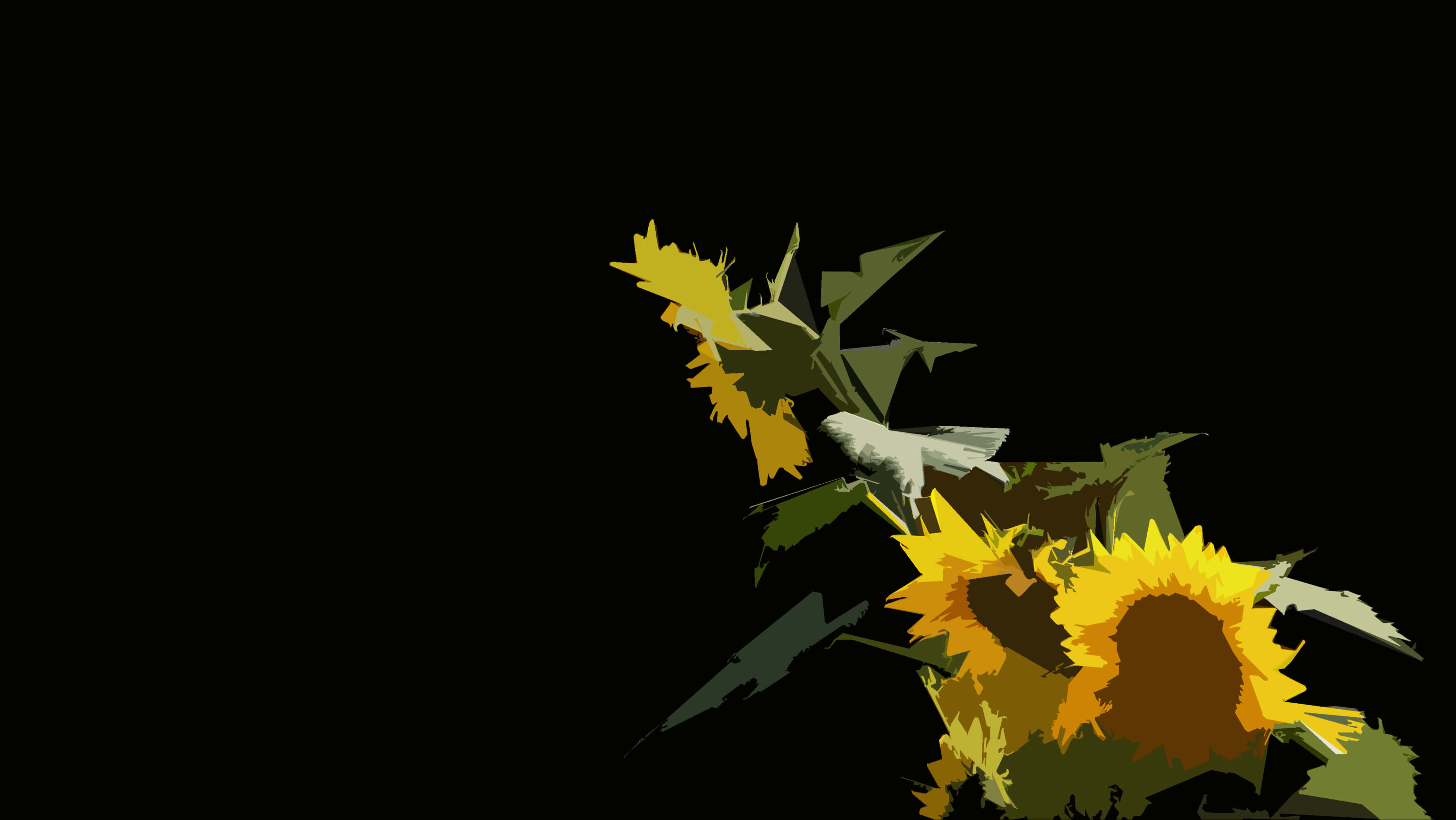 Sunflowers 桌布 壁紙 — 鮮豔的向日葵，一隻鳥棲息其中，在純黑背景下格外突出。