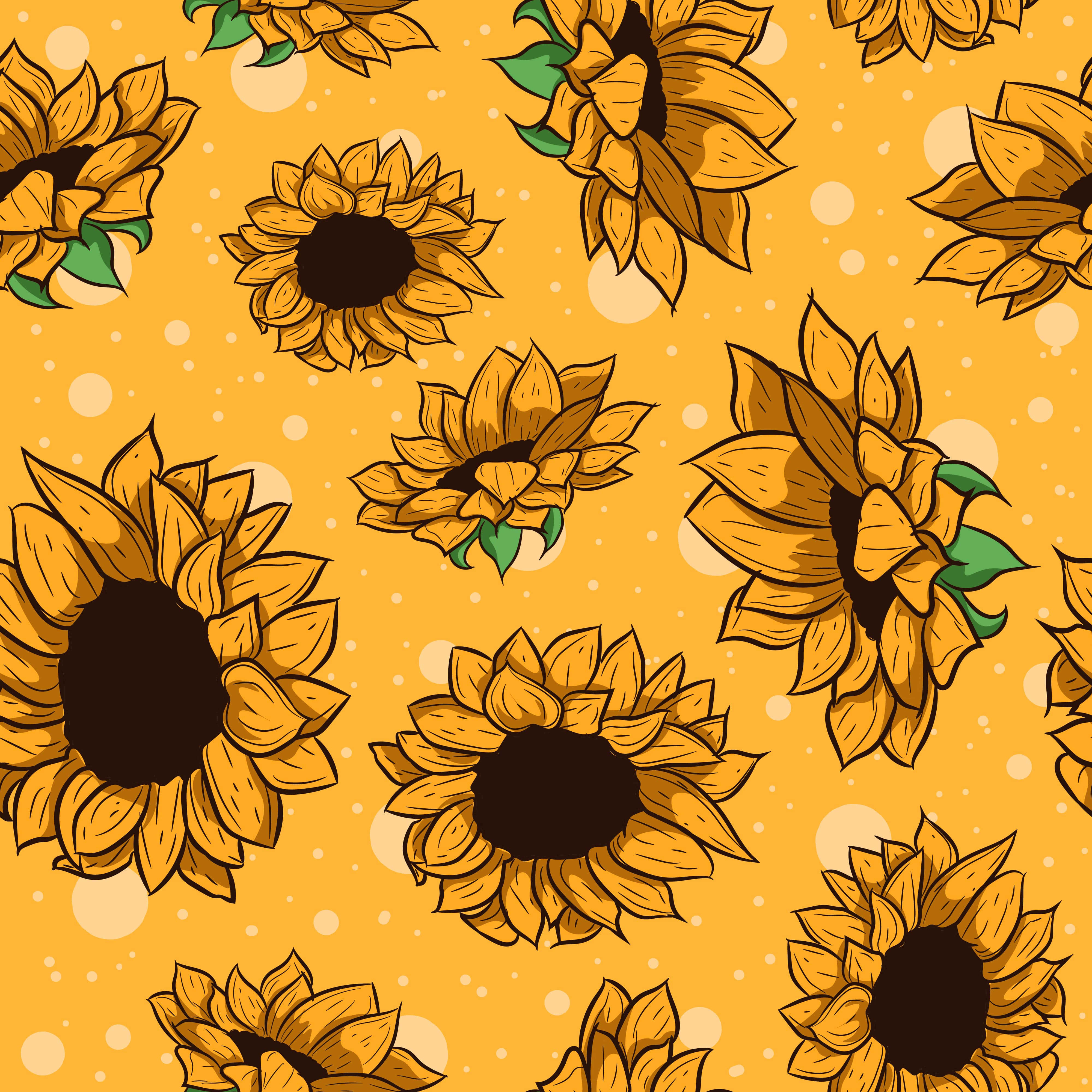 Sunflowers 桌布 壁紙 — 鮮豔的向日葵，深色花心和綠色葉子，漂浮在溫暖的黃色背景上，點綴著柔和的白色圓圈。