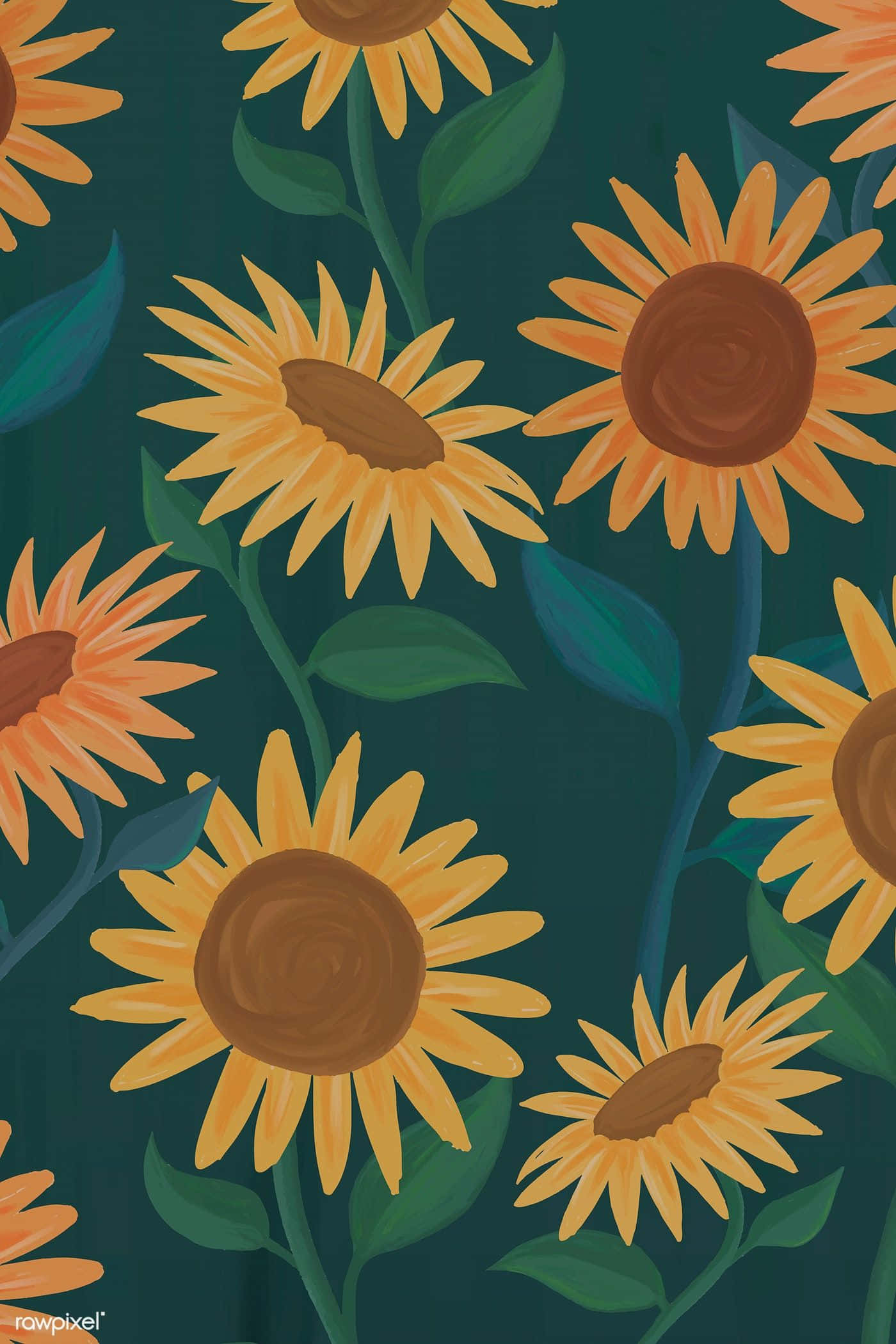 Sunflowers 桌布 壁紙 — 鮮豔的向日葵，金色花瓣和棕色花心，在深青色背景上以重複圖案綻放。