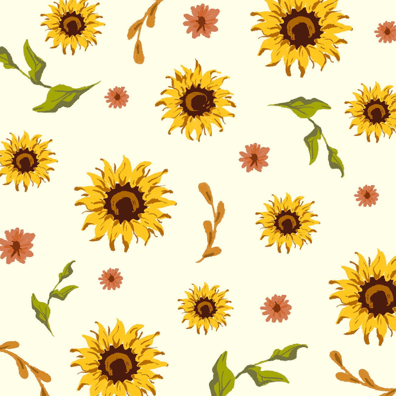 Sunflowers 桌布 壁紙 — 鮮豔的向日葵和小粉紅花朵散佈在奶油色背景上，形成歡快的花卉圖案。