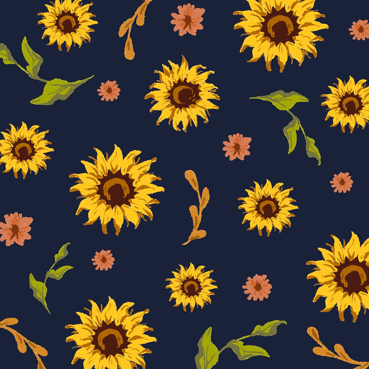 Sunflowers 桌布 壁紙 — 鮮豔的向日葵和小粉紅花朵散落在深海軍藍背景上，形成歡快的花卉圖案。