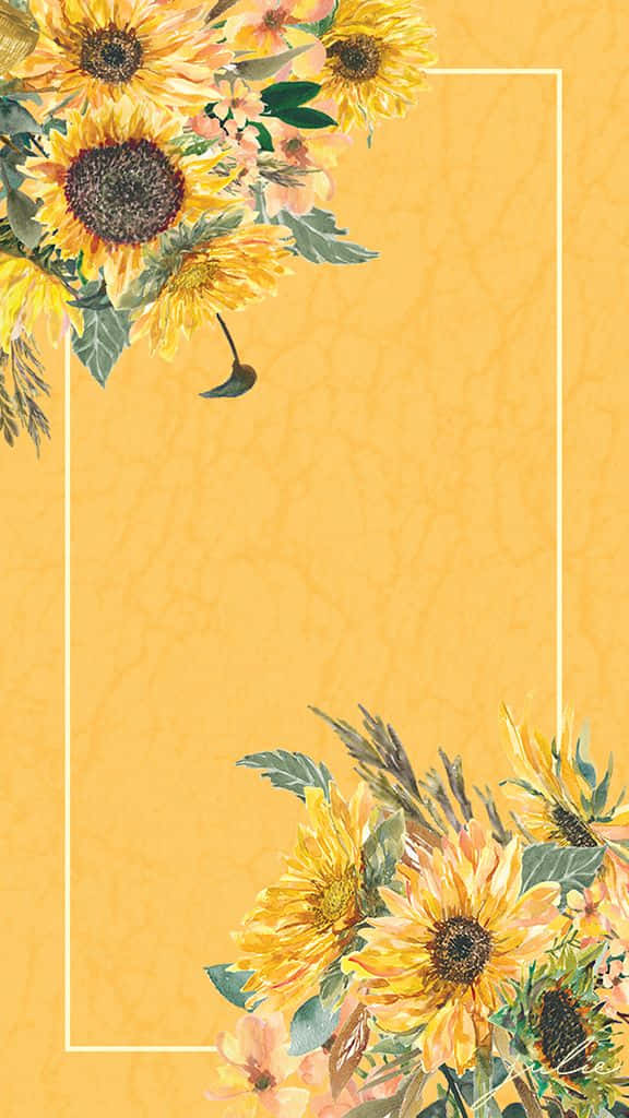 Cute Flower 桌布 壁紙 — 鮮豔的向日葵和綠植環繞著帶有白色矩形邊框的紋理芥末黃背景。