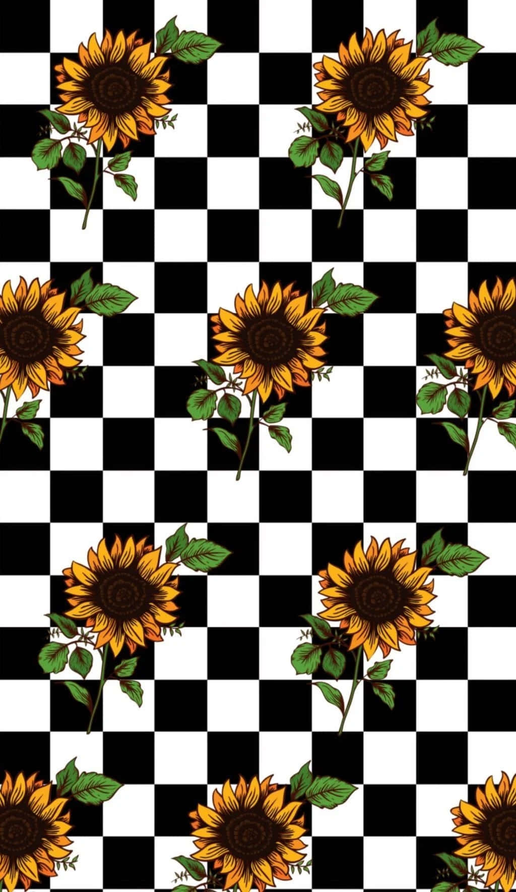 Checkered 桌布 壁紙 — 鮮豔的向日葵和綠葉在醒目的黑白棋盤格圖案上重複。