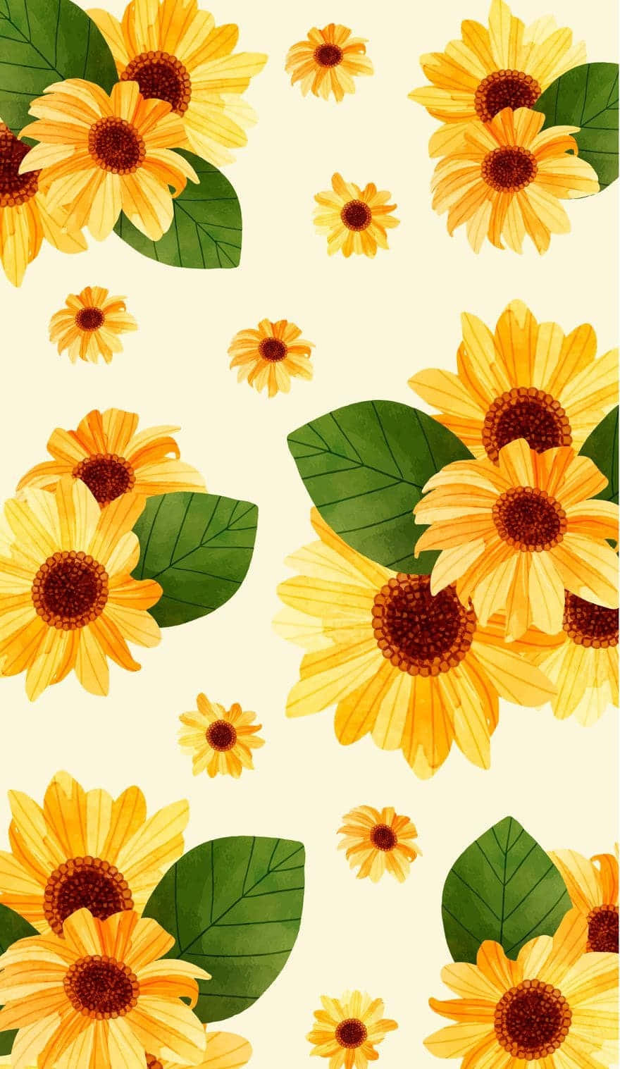 Sunflower Aesthetic iPhone 桌布 壁紙 — 鮮豔的向日葵和綠葉散落在柔和的奶油色背景上，呈現水彩風格。