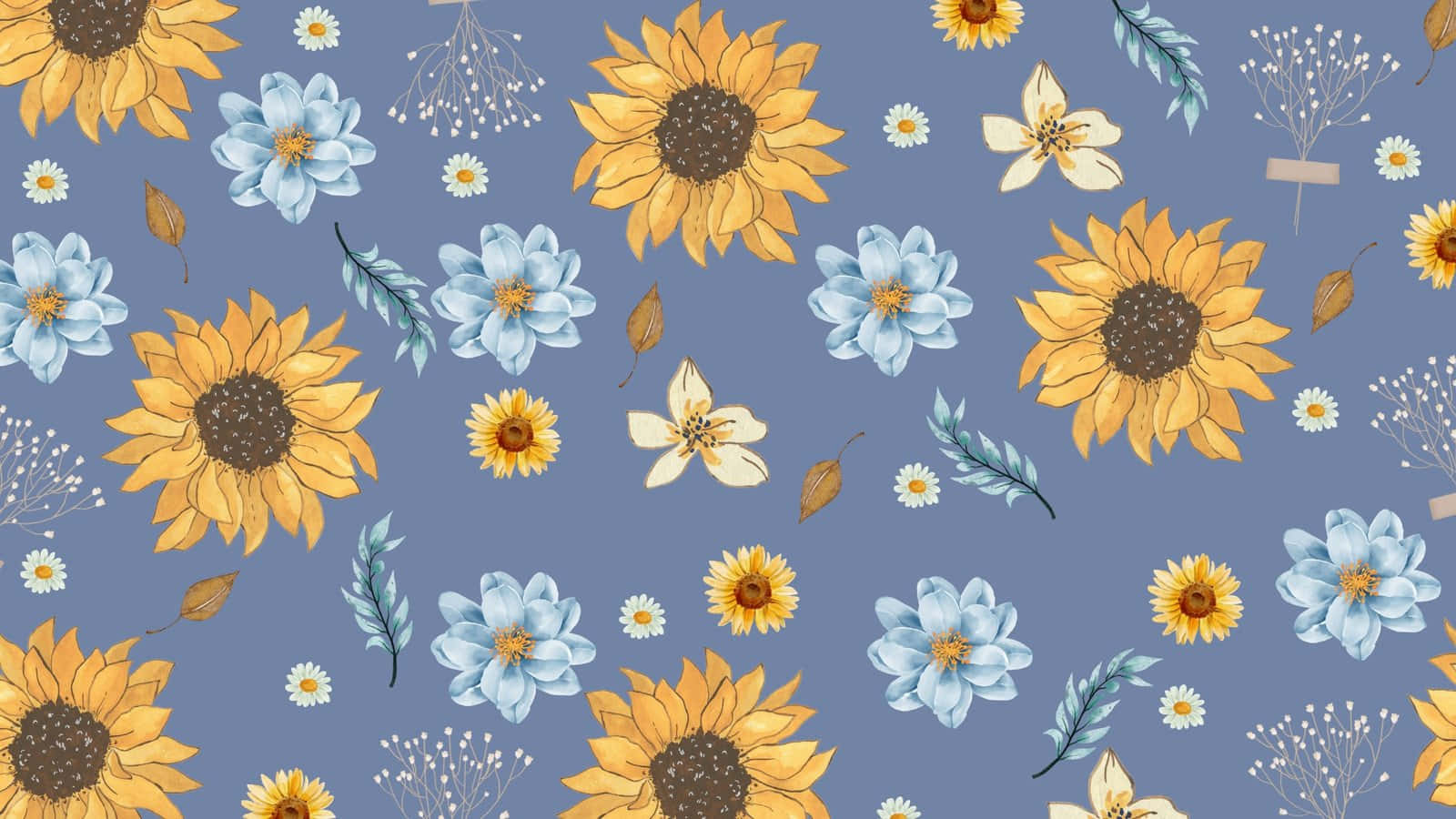 Daisy Aesthetic Computer 桌布 壁紙 — 鮮豔的向日葵和藍色花朵在柔和的薰衣草背景上漂浮，形成歡快的花卉圖案。