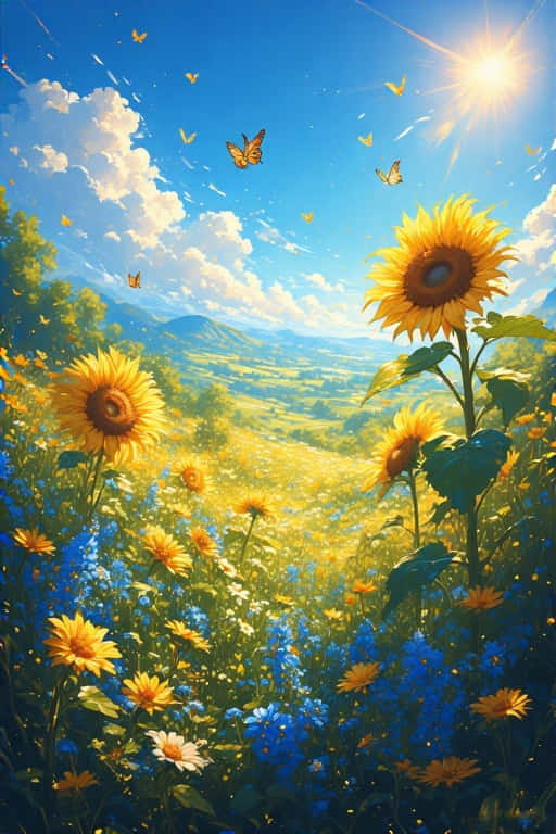 Aesthetic Summer Wildflower Field 壁紙 — 鮮豔的向日葵和藍色野花在明媚的陽光下盛開，蝴蝶在茂盛的山谷中翩翩起舞。