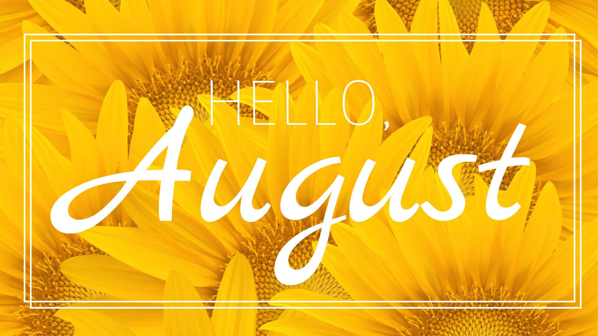 August 桌布 壁紙 — 鮮豔的向日葵在優雅的白色文字後綻放，以明亮歡快的構圖迎接八月。