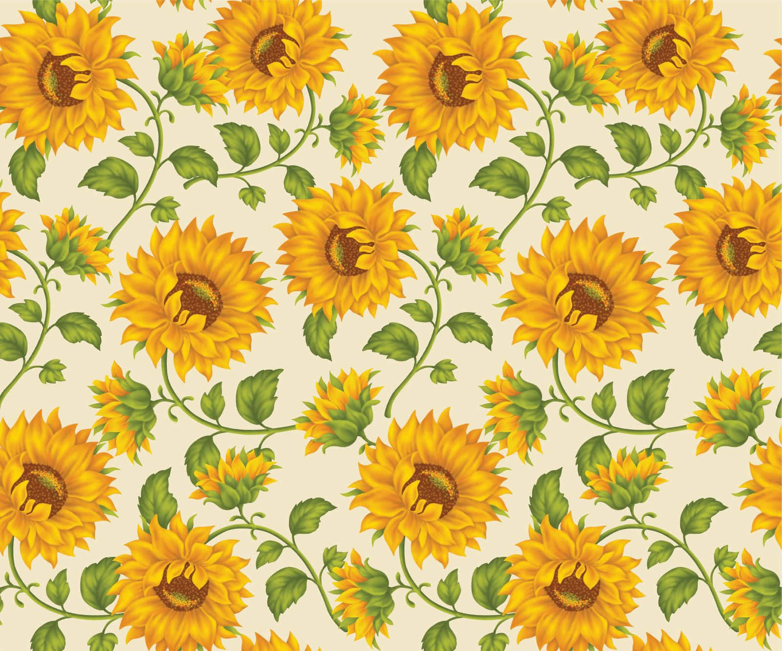 Sunflowers 桌布 壁紙 — 鮮豔的向日葵在奶油色背景上以重複圖案綻放，帶有綠色莖和葉。