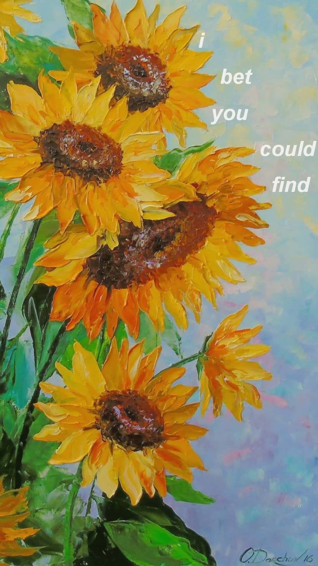Sunflower Yellow Tumblr Aesthetic 桌布 壁紙 — 鮮豔的向日葵在帶有紋理的油畫中盛開，以柔和的藍天為背景，搭配大膽的黃色花瓣和綠色葉子。