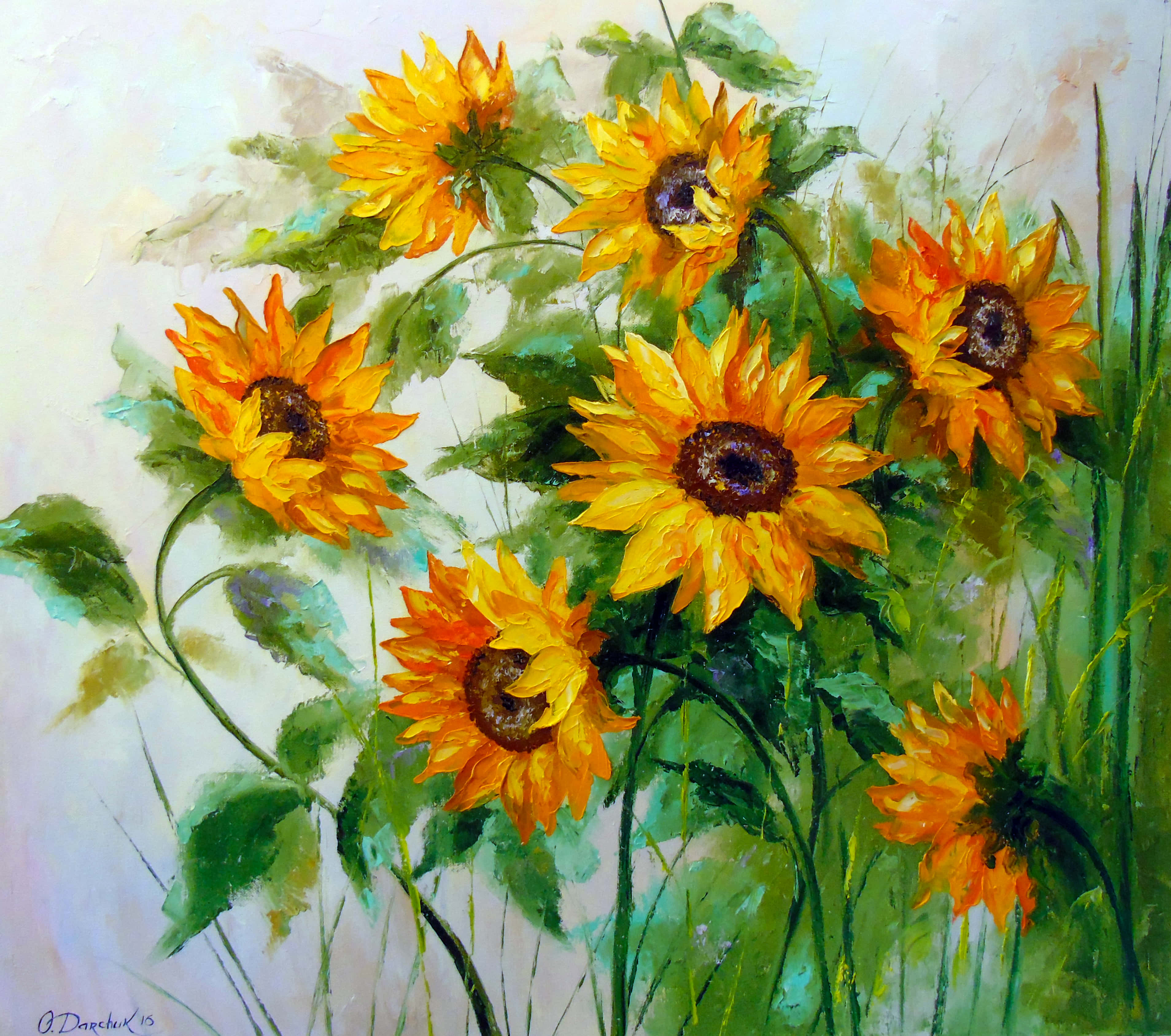 Sunflowers 桌布 壁紙 — 鮮豔的向日葵在柔和日光下，於茂盛綠野中盛開，呈現出紋理豐富的油畫。