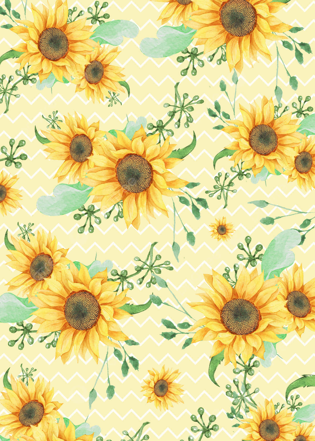 Aesthetic Sunflower 桌布 壁紙 — 鮮豔的向日葵在淡黃色人字形背景上以水彩花卉圖案盛開。