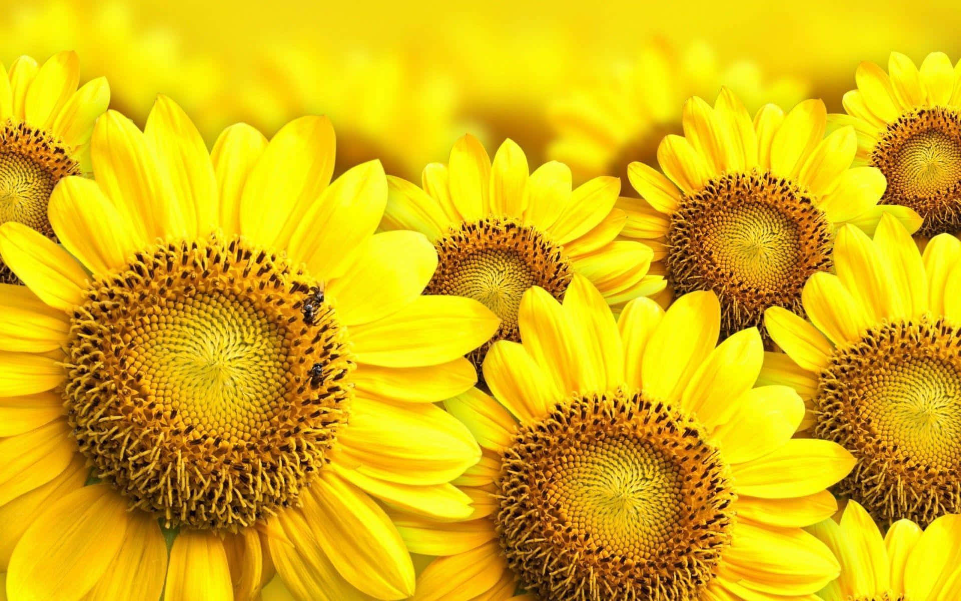 Sunflowers 桌布 壁紙 — 鮮豔的向日葵在金色的田野中盛開，一隻蜜蜂正在拜訪其中一朵花心。