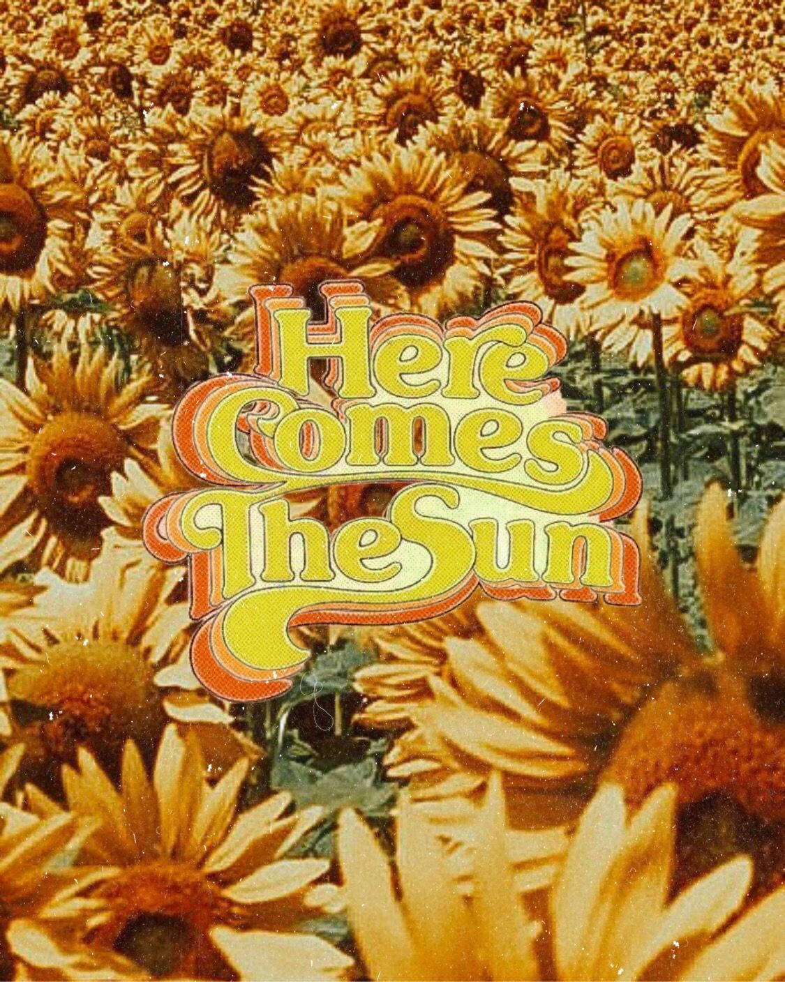 Retro 桌布 壁紙 — 鮮豔的向日葵填滿畫面，復古文字「Here Comes The Sun」以黃色和橙色發光。
