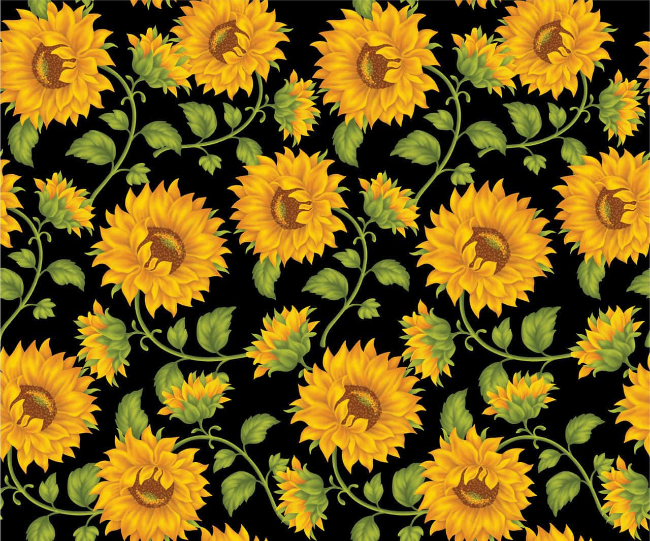 Sunflowers 桌布 壁紙 — 鮮豔的向日葵帶有綠色莖和葉，在純黑色背景上以重複圖案盛開。