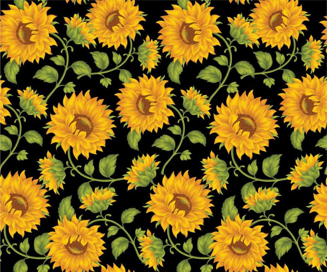 Aesthetic Sunflower 桌布 壁紙 — 鮮豔的向日葵帶有綠色莖和葉，在純黑色背景上以重複圖案盛開。