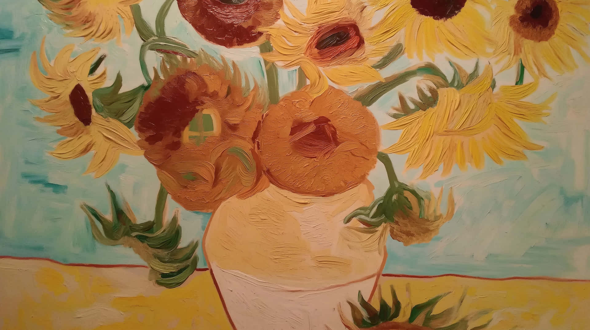 Abstract Sunflowers in Vase: Van Gogh Art Style 壁紙 — 鮮豔的向日葵插在白色花瓶裡，以厚實有紋理的筆觸繪製，背景為藍綠色。